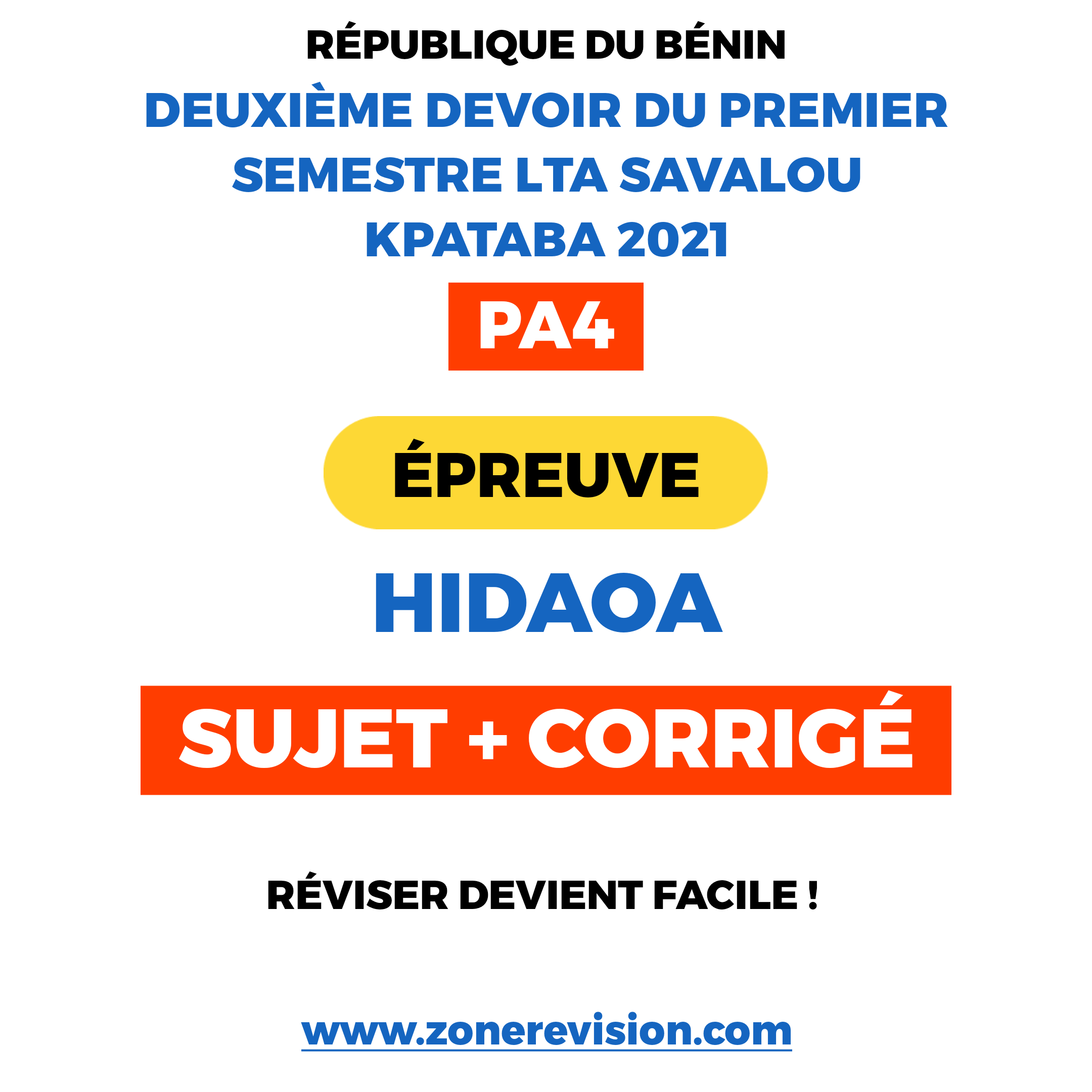 Aperçu de HIDAOA LTA Savalou Kpataba PA4 2021  Sujet + Corrigé